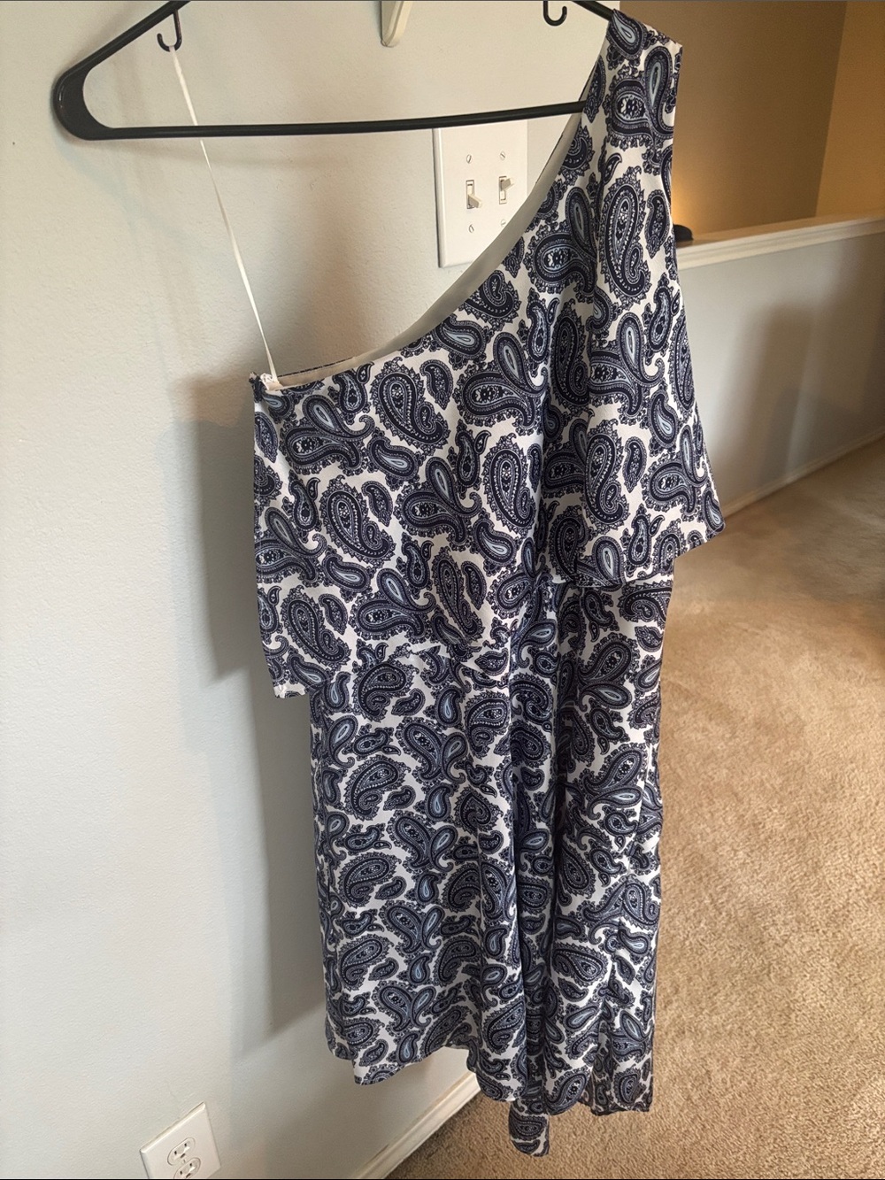 Banana Republic One-Shoulder Paisley Dress in Navy & White